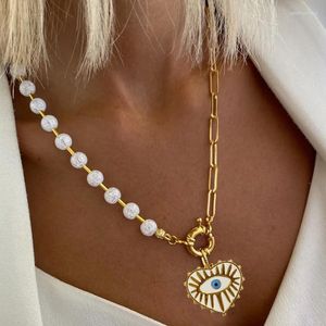 Hänghalsband chunky kedja boho tillbehör choker trendiga fina smycken emalj kärlek hjärta charm klar natursten pärlor för kvinnor