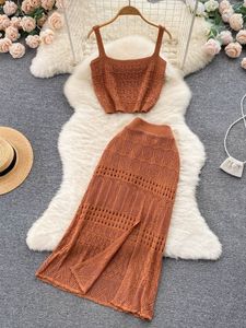 Two Piece Dress Summer Women Elegant Casual Knitted Skirt Suit Hollow Out Sleeveless Tank Tops Sexy Slim Midi Saya Two Piece Set Female Outfits 230421