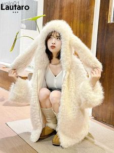 Women's Fur Faux Fur Lautaro Autumn Winter Sweet Cute Lovely Warm Thick Soft Hairy Faux Fur Coat Women Bunny Ears Fuzzy Fluffy Jacket Hoodie 2023L231121