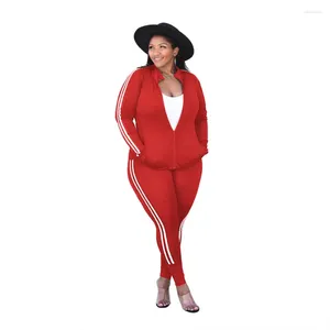 Women's Two Piece Pants Red Tracksuits 2 Set 5XL Sports Suit Zipper V Neck Long Sleeve Jacket Tops 4XL Striped Print Ladies