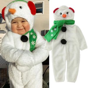 Rompers Christmas Snowman Costume for Baby Boys Girls Warm Romper Cartoon Snowsuits Cosplay Hooded Fleece Jumpsuit Scarf Outfits 231121