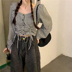 Women's Blouses 2023 Blusas Mujer De Moda Square Collar Plaid Women Chic Drawstring Long Sleeve Shirt Fashion Vintage Korean Blouse Tops