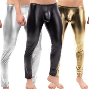 Calças masculinas sexy homens baixo-rise u bulge bolsa noite clubwear leggings palco desempenho collants bodywear homem brilhante falso couro