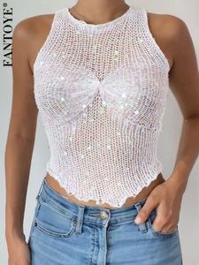 Womens TShirt Fantoye Knit See Through Sparkling Sequined Women Tank Top White Sxey Hollow Out Short Female Summer Casual Slim Streetwear 230420