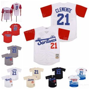 Moive Baseball 21 Roberto Clemente Jerseys Santurce Crabbers Puerto Rico 9 Javier Baez All Sstitched Retro Team Black Grey White Pinstripe Cool Base Cooperstown