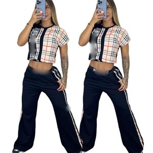 Fashion Desinger Spring Letter Print Tracksuits For Women Stripe Grid Long Sleeve Round Neck Tops And Sports Pants Casual Brand Two Piece Sets
