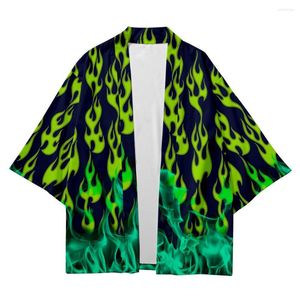 Etniska kläder Green Flame China Harajuku Japanese Style Set Plus Size 6xl Fashion Kimono Men Women Cardigan Haori Obi Asian Clothes Pant