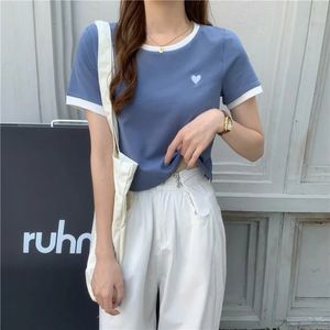 Camiseta feminina kawaii manga curta camiseta camiseta algodão amor bordado bordado bordas femininas coreanas com 230421