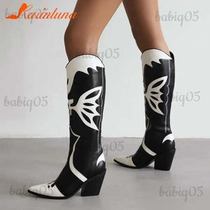 Stövlar pekade tå Western Cowboy Boots Summer 2023 Hot Fashion Retro Patchwork Knee-High Boots Vintage Dress Women Boots Comfy Walking T231121