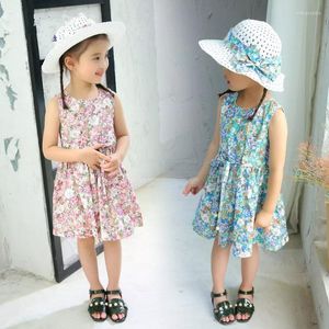 Flickaklänningar 2st/set Girls Dress Hat Cotton Bekväma barn 2023 Summer Floral Girls 'ärmlös för barn