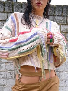 Women's Sweaters Women Knitted Patchwork Tassel Sweater Sexy Y2K Clothes Long Sleeve Crop Top Vintage Korean Fashion Vacation