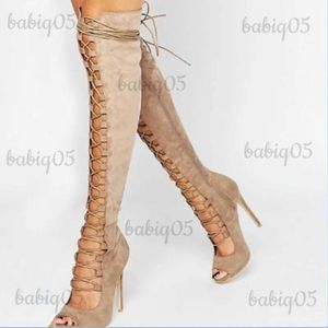 Buty buty czarne seksowne nad buty na kolanach kobiety 2023 Letnia moda Peep Stopa wysoka obcas na długich butach buty T231121