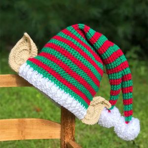 CAPS HATS JUL ELF HAT Lång svansvirka Beanie Barn Kvinnor Män Knit Kid Cap Green Red and White Stripe Winter Santa Costume Props 231121