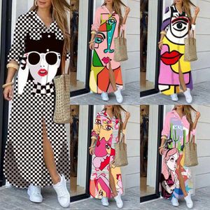 Retail Women Maix Dresses Printed Long Sleeved Casual Dress Button Pocket Long kjol