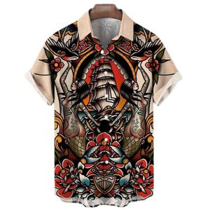メンズカジュアルシャツ夏の日本スタイルの男性用タトゥータトゥーハワイアンクラシックトップトップY2Kハラジュク服230421