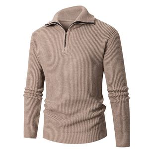 Hot selling autumn and winter new men's sweaters, knitwear, slim fitting bottoms, lapel half zippered knitwear, popular solid color tops