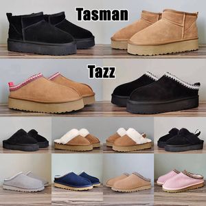 Tasman Chinelos de pele de castanha Slides de pele de carneiro Shearling Tazz chinelo Mules Mulheres Homens Ultra Mini Botas de plataforma Slip-on Sapatos Camurça Superior Conforto Outono Ugglie Inverno