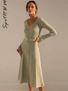 Elegante abito in maglia lavorato a maglia Abiti vintage a maniche lunghe con scollo a V a vita alta Autunno Inverno Solid Office Lady Vestidos