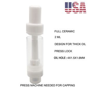 USA Warehouse 2.0ml Full Ceramic Cartridge 510 Thread Press on Vape Cartridges Thick Oil Carts Empty Disposable Vaporizer No Heavy Metal