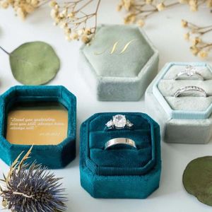 Party Supplies Personalized Velvet Ring Box Custom Bearer Double Slot Engraved Wedding Vows Hexagon Octagon Shape Engagement