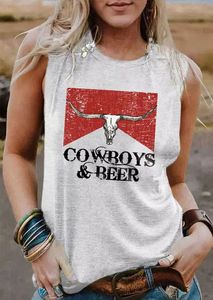 Womens Tshirt Vintage Women Tanks Topps Western Cowgirl Sleeveless Shirts Summer Cowboy Beer Beer Steer Skull Graphic Tee Top Vest 230420