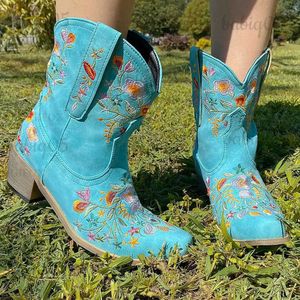 Stiefel KarinLuna Retro Weibliche Westernstiefel Holzsohle Spike Heels Spitzschuh Slip-On Blumen Blumen Stiefeletten Schuhe Plus Größe 48 T231121