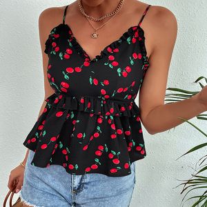 Camisoles Tanks Yemoggy Sexy Cherry Print Camis Tops For Summer Women Camisole V-ringning Axless Backless Ruffle Vest Skinny Tank Tops 230421