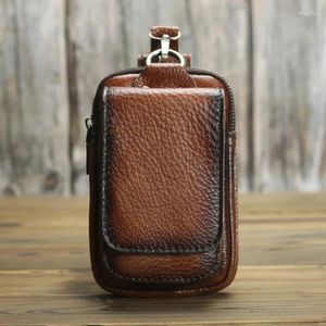 Midjepåsar Vintage Top Layer Cowhide Borsted Bag For Men's Trendy Cool Mobile Camera Outdoor 6-Inch Small With Hook