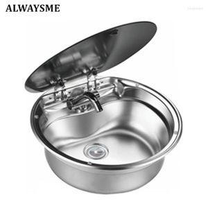 All Terrain Wheels ALWAYSME Stainless Steel Hand Wash Round Basin Sink With Toughened Glass Lid For RV Campers Boat Marine Yacht