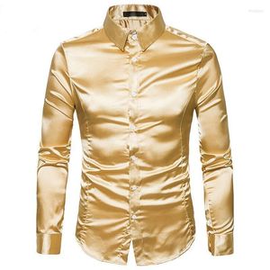 Men's Casual Shirts #4713 Spring Satin Men Long Sleeve Solid Color Office Men's Dress Shirt Turn-down Collar Regular Fit Bright Man