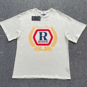 Дизайнерская модная одежда Футболки Футболки Rhude Hopps Tee Vintage Wheat Ear English Print r Standard American Trend Brand Футболка с коротким рукавом Топы Уличная одежда Хип-хоп