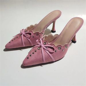 ドレスシューズバタフライノットレディースデザイナーハイヒールポイントトゥースマルスタッドサンダルfemme bow tied sandalias hollow zapatos mujer 231120