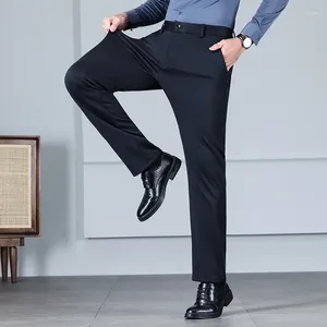 Men's Pants High Elastic Business Office Straight Casual Classic Black Blue Brushed Lining Autumn Winter Waist Trousers