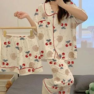 Kvinnors sömnkläder koreansk stil tre stycken passar pyjamas Set Turn-Down Collar Kort ärm Topslong PantsShorts Sleepwear Casual Soft Pyjamas 230421