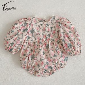 Rompers Spring Autumn Girls Rompers Sweet Floral Printed Koszyk Baby dziewczynki długie rękawy Romper Girls Flowers Ubrania 230421