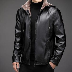 Men's Leather Faux Leather Jacket Men Winter Waterproof Faux Leather Jacket Fur Collar Fit Men Jacket Hooded Outerwear Vintage Fashion High Quality Coat 231120