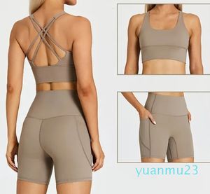 Yoga Outfit Pockets Shorts Set Women Fitness Suit Piece Sports Gym Wear Workout Clothes Running Sportswear Sport