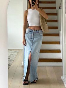 Skirts Tossy Denim High Waist Female Long Skirt Split Slim Patchwork Vintage Fashion Jean Streetwear Pocket For Women Maxi