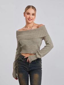 Women's Sweaters Solid Color Boat Neck Long Sleeve Show Navel Knitwear Fall Winter Slim Tops Women Off-Shoulder Crop Sweater