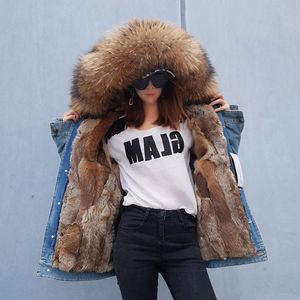 Women's Fur Faux Maomaokong 2023 Denim Jacket Rabbit fur Liner Collar Coat Female Winter Fashion Women Street Clothing 231121