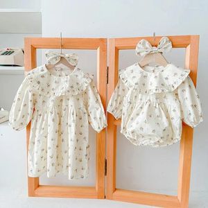 Vestidos de menina meninas vestido floral criança coreano princesa nascido macacão irmã roupa primavera outono manga longa infantil bege