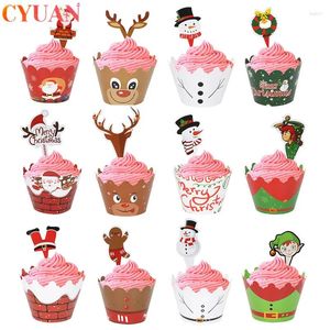 Fontes de festa 12 unidades / conjunto Envoltório de cupcake de Natal Papai Noel Cervos Papel Bolo Topper Decorações de Ano de Natal Embalagem