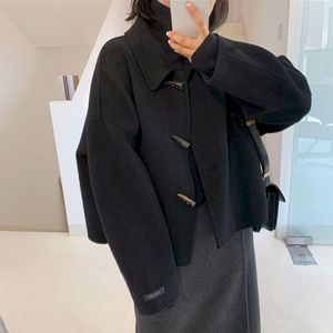 レディースウールブレンドコート女性ブラックソリッドカラー秋のジャケット韓国ファッションエレガントシックブルークローボタンショートコートトップグランジ