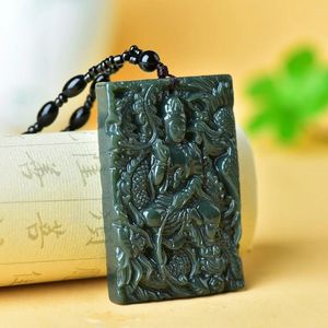 Colares Pingente Enviar Certificado Natural Verde Jade Guanyin Colar Homens Mulheres Fengshui Encantos Mão Esculpida Hetian Jades Sorte Amuleto