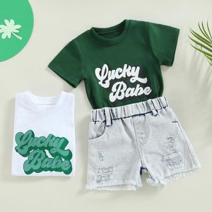 Completi di abbigliamento CitgeeSummer St. Patrick's Day Bambini Vestiti per ragazzi Completi T-shirt a maniche corte con stampa di lettere e pantaloncini di jeans strappati casual