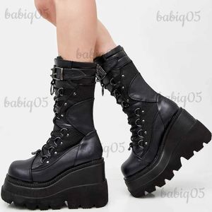 Boots Pink Autumn Winter Punk Halloween Cosplay Mid calf boots for women Platform High Wedges Heels Gothic motorcycle Boots Women T231121