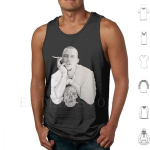 Men's Tank Tops Savage Beauty Vest Cotton Watercolour Portrait Ink Media Skull Smoking Black White Fashion Prism Lowpoly Polygon