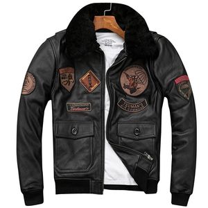 Mens Leather Faux Detachable Natural Fur Collar Genuine Cowhide Men Jacket Patches Flight Air Force Pilot Coat Winter Bomber 231120
