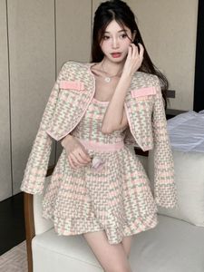 Two Piece Dress High Quality Small Fragrance Tweed Two Piece Set Women Short Jacket Coat Sexy Dress Set Korean Fashion Sweet 2 Piece Suits 230421