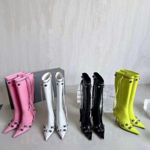 Women Heeled Shoes Boots Pointed Toes Luxury Designer stud buckle Thigh-High Boot Side Zipper Rivet Stiletto Heel Tall Boot Factory Footwear